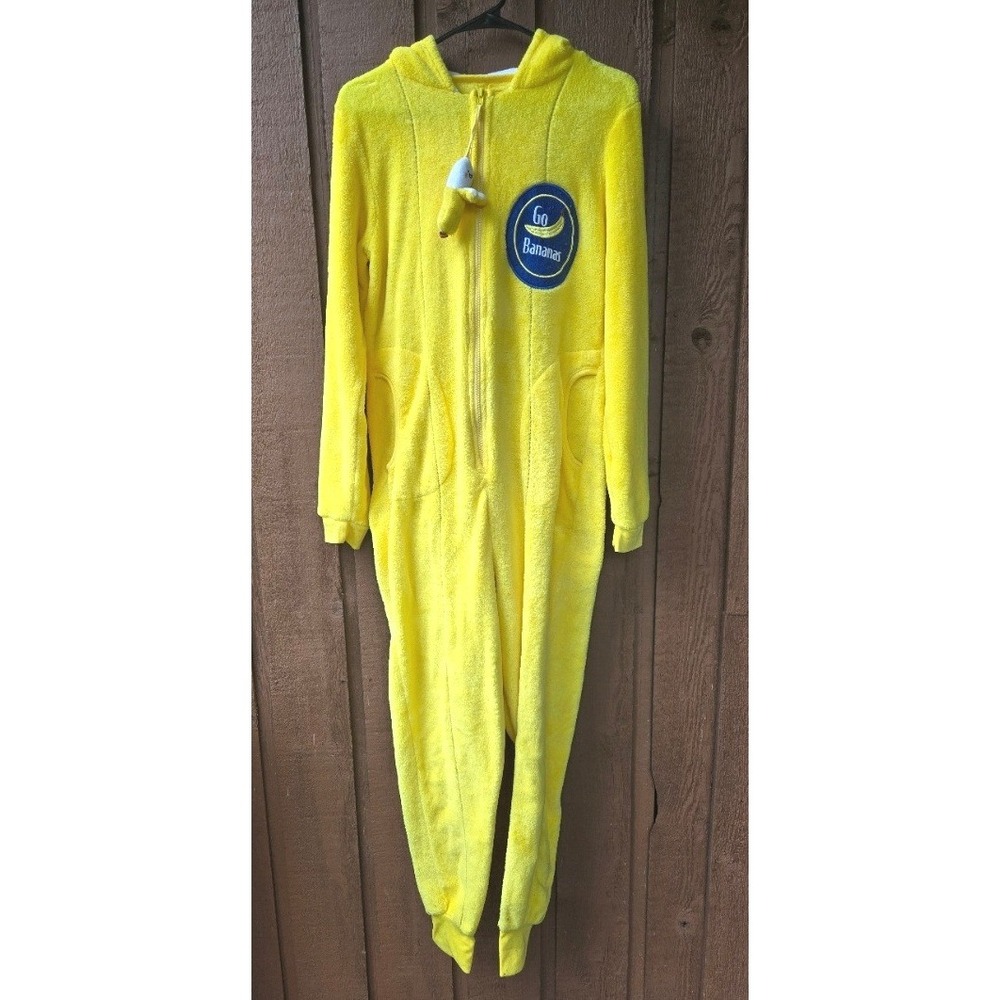 Weekend Edition Go Bananas Yellow Plush Hooded Onesie Pajamas Medium